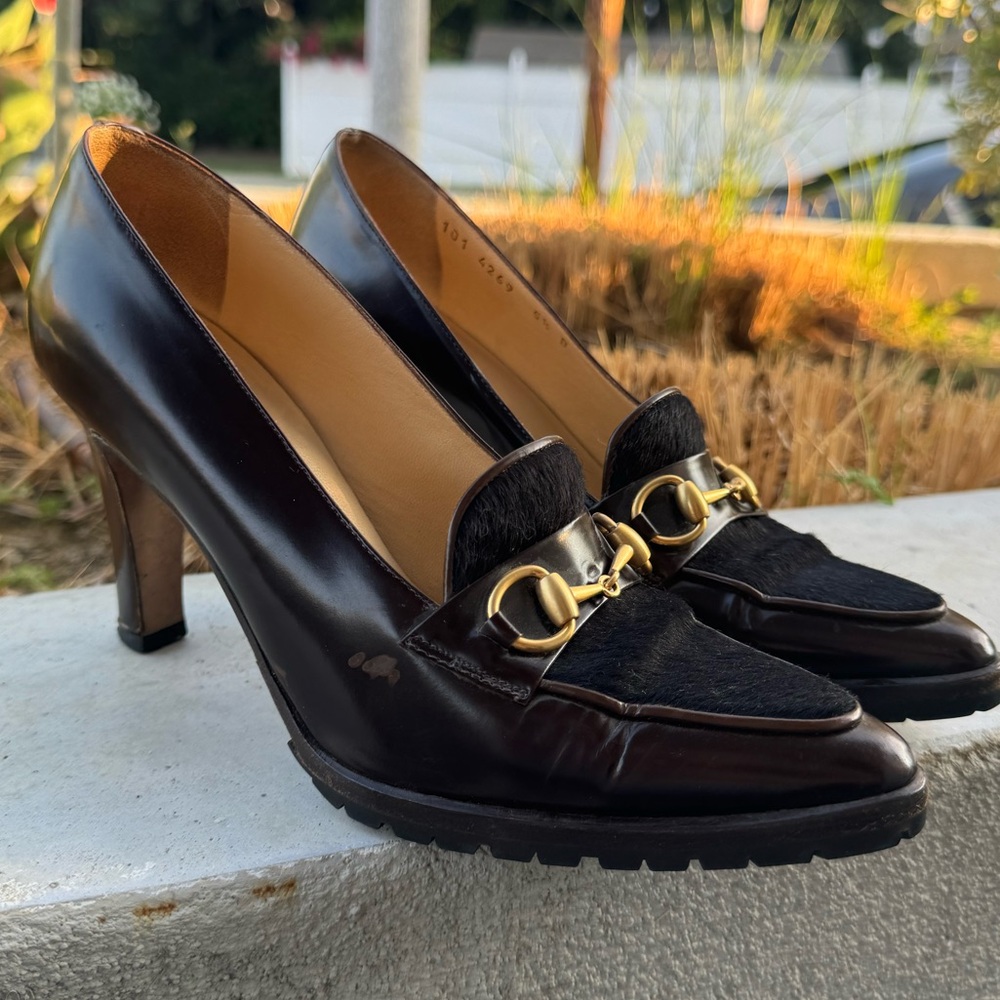Black Gucci Heeled Pony Loafer size 5.5 fur toe